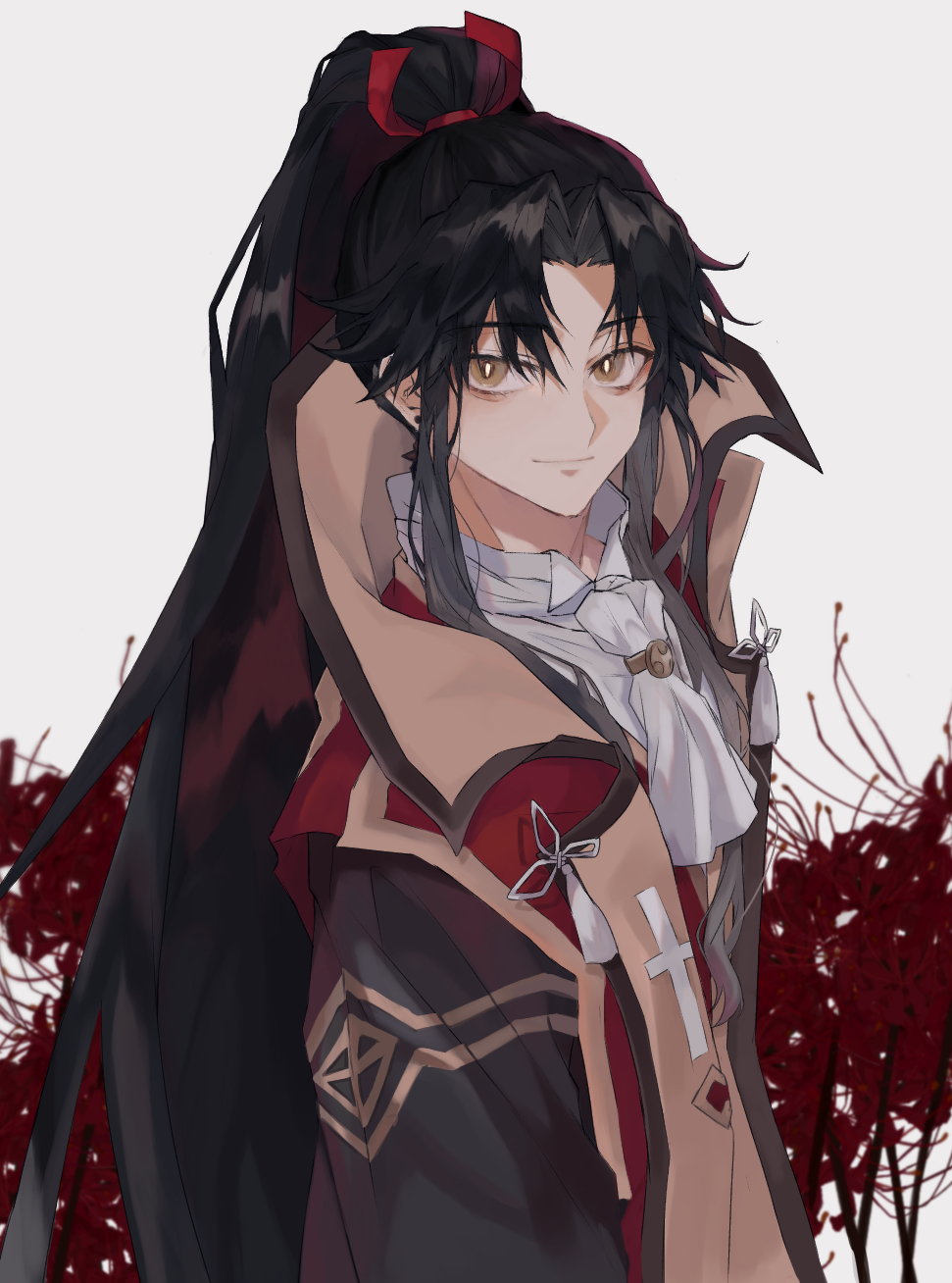 1boy amakusa_shirou_(fate) amakusa_shirou_(third_ascension)_(fate) ascot bangs black_hair closed_mouth commentary_request cross_print dark-skinned_male dark_skin fate/apocrypha fate/grand_order fate_(series) flower grey_background hair_ribbon highres japanese_clothes kataginu long_hair looking_at_viewer male_focus mutsu_(621300) official_alternate_costume official_alternate_hair_color official_alternate_hair_length official_alternate_hairstyle parted_bangs ponytail red_flower red_ribbon ribbon simple_background smile solo spider_lily tassel upper_body very_long_hair white_ascot yellow_eyes