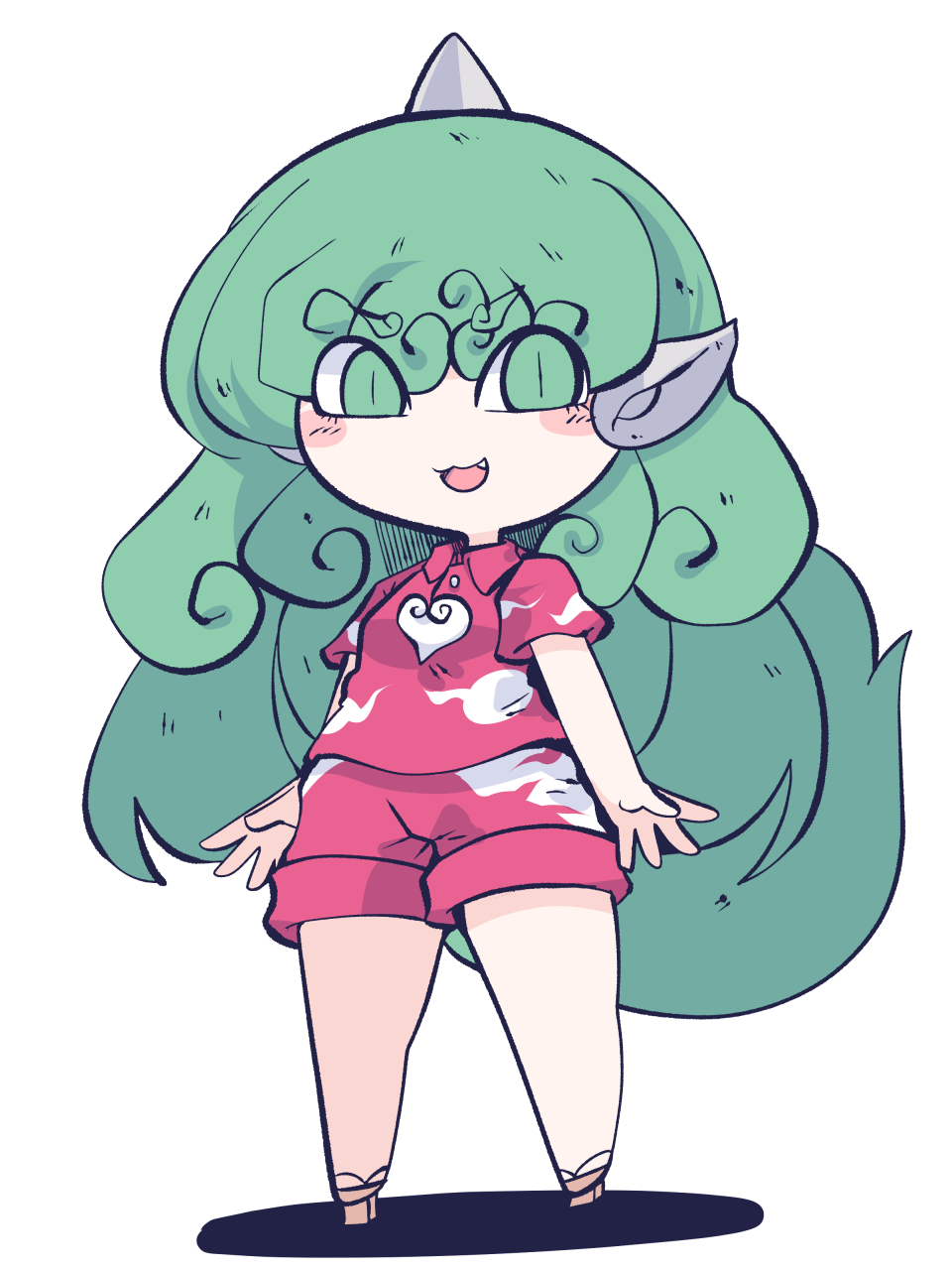 1girl blush_stickers fang fried_rice0614 full_body green_eyes green_hair highres horns kariyushi_shirt komano_aunn long_hair one-hour_drawing_challenge open_mouth red_shirt red_shorts shirt short_sleeves shorts simple_background single_horn smile solo touhou white_background white_shorts