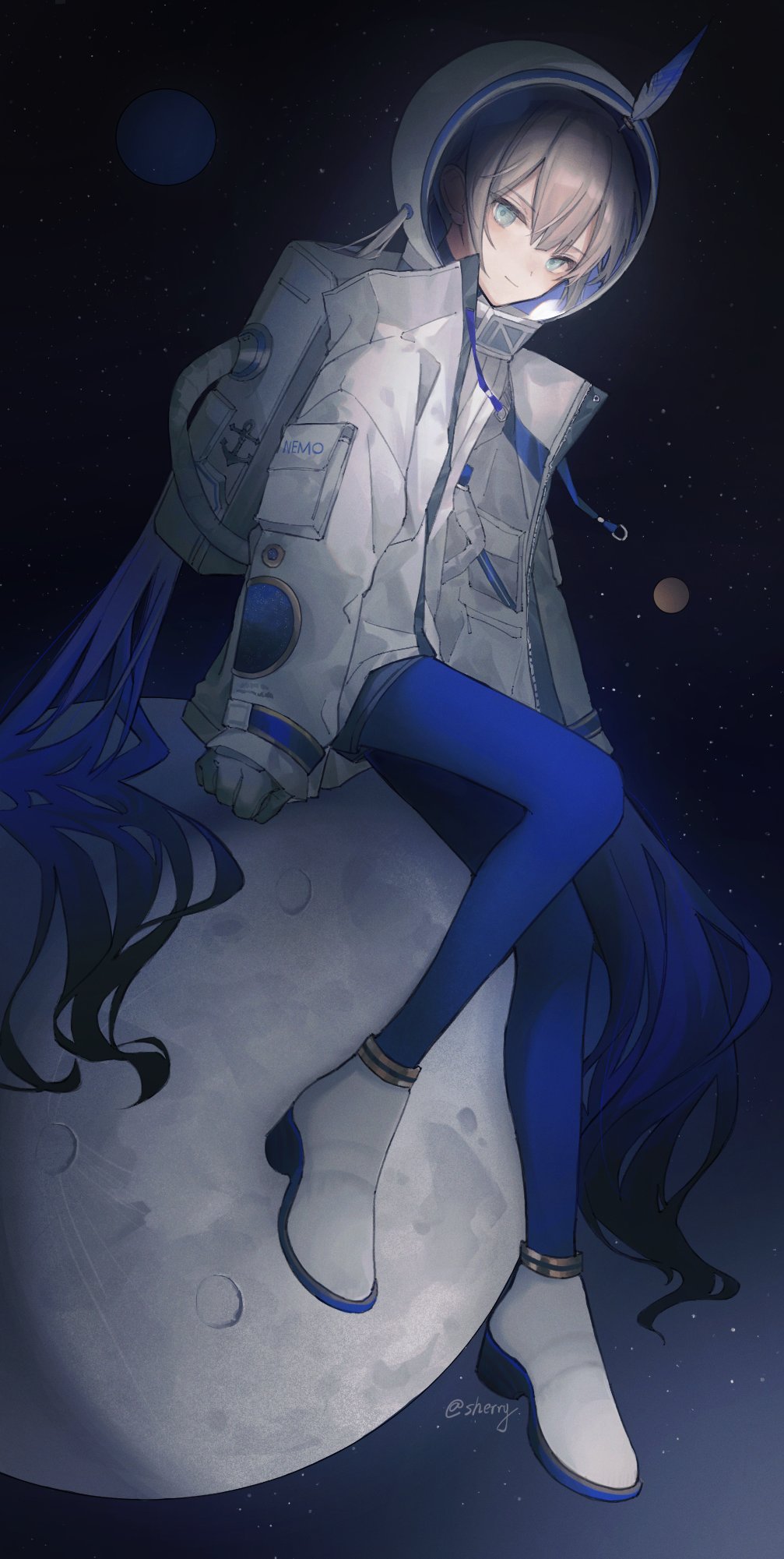 1boy aqua_eyes astronaut bangs blue_hair blue_pantyhose captain_nemo_(fate) closed_mouth english_commentary fate/grand_order fate_(series) feathers highres jacket light_brown_hair long_hair long_sleeves looking_at_viewer male_focus moon multicolored_hair nemo_(fate) open_clothes open_jacket otoko_no_ko pantyhose planet sherry_0014 shoes sitting solo space space_helmet star_(sky) twintails twitter_username very_long_hair white_footwear