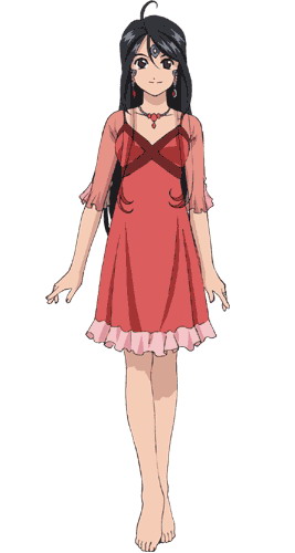 1girl aa_megami-sama aged_up ahoge antenna_hair bangs barefoot breasts brown_eyes dark_hair dress earrings eyebrows_visible_through_hair facial_mark forehead_mark frilled_dress goddess hair_between_eyes happy long_hair long_sleeves looking_at_viewer necklace official_art red_dress skuld smiling smiling_at_viewer standing two-tone_dress white_background woman