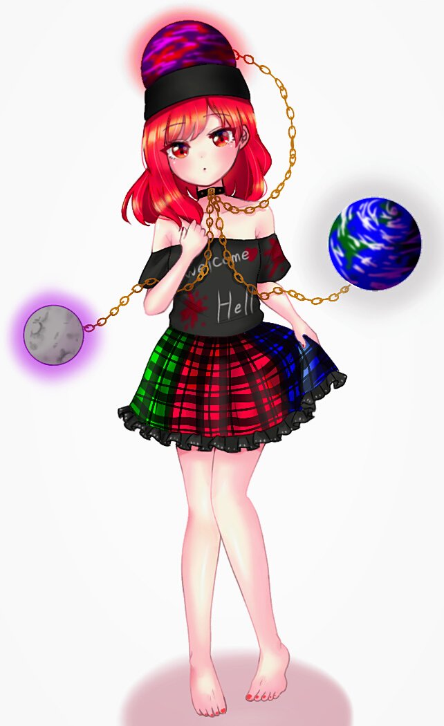 1girl barefoot black_choker black_shirt chain choker clothes_writing earth_(ornament) full_body hecatia_lapislazuli looking_at_viewer moon_(ornament) multicolored_clothes multicolored_skirt open_mouth plaid plaid_skirt polos_crown red_eyes red_nails shirt simple_background skirt solo standing t-shirt touhou utagi_0216 white_background