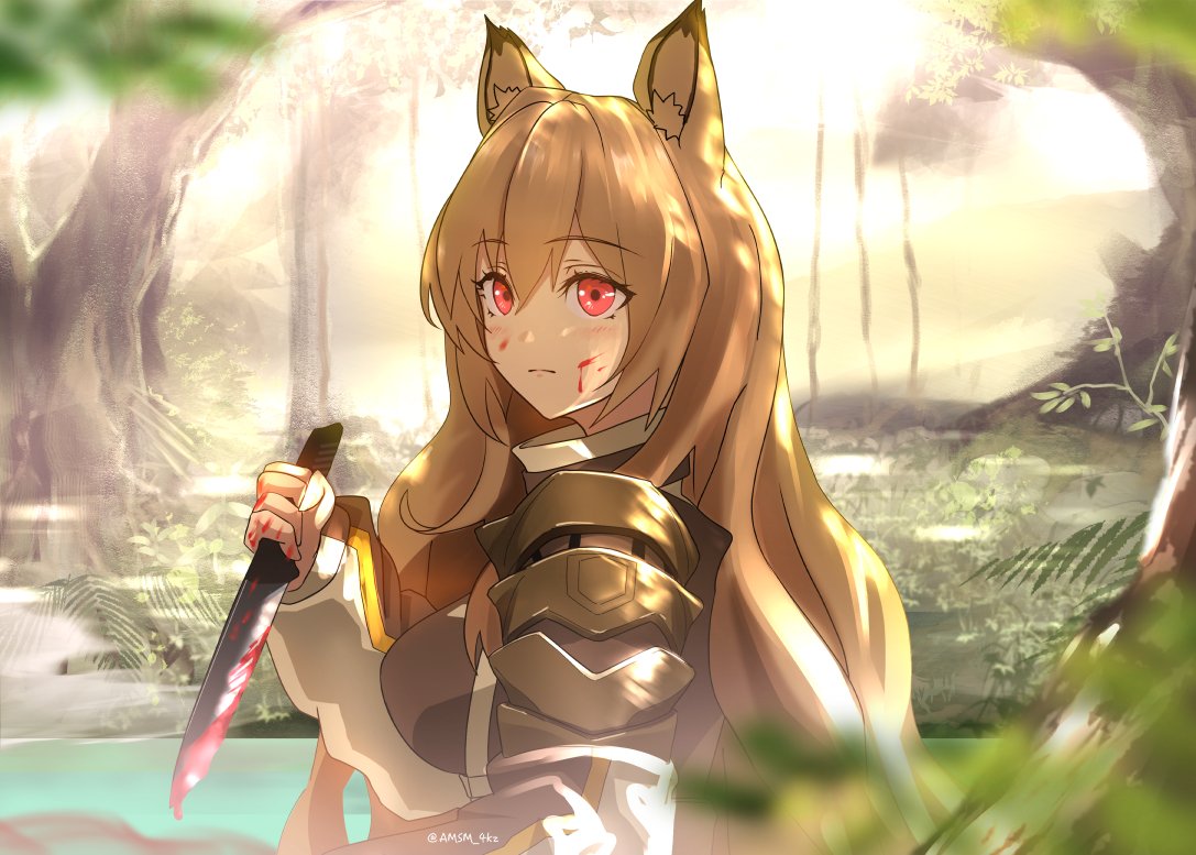 1girl animal_ears arknights bangs blood blood_on_face blood_on_knife blood_on_weapon brown_hair ceobe_(arknights) closed_mouth dog_ears dog_girl forest holding holding_knife jacket knife long_hair long_sleeves multicolored_clothes multicolored_jacket nature orange_jacket red_eyes solo tree twitter_username upper_body weapon yokaze_(yokajie)