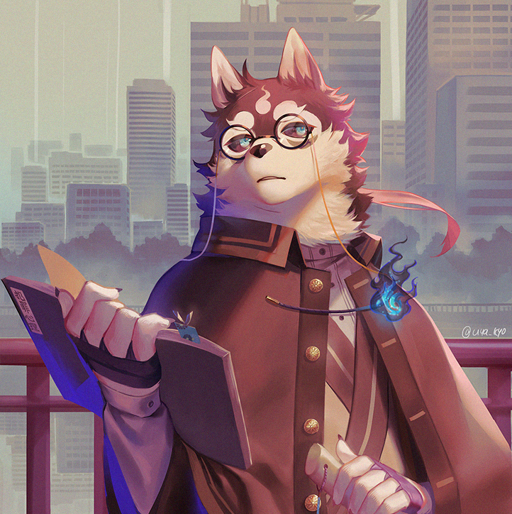 1boy animal_ears bandaged_hand bandages black_fur black_sclera blue_eyes blue_fire book bookmark cityscape cloak colored_sclera commentary dog_boy dog_ears eyewear_strap fingernails fire furry furry_male glasses guard_rail holding holding_book holding_weapon japanese_clothes looking_to_the_side male_focus masanori_(housamo) open_mouth outdoors ponytail round_eyewear sharp_fingernails snout solo sora-ya_(uya_kyo) thick_eyebrows tokyo_afterschool_summoners twitter_username two-tone_fur upper_body weapon white_fur