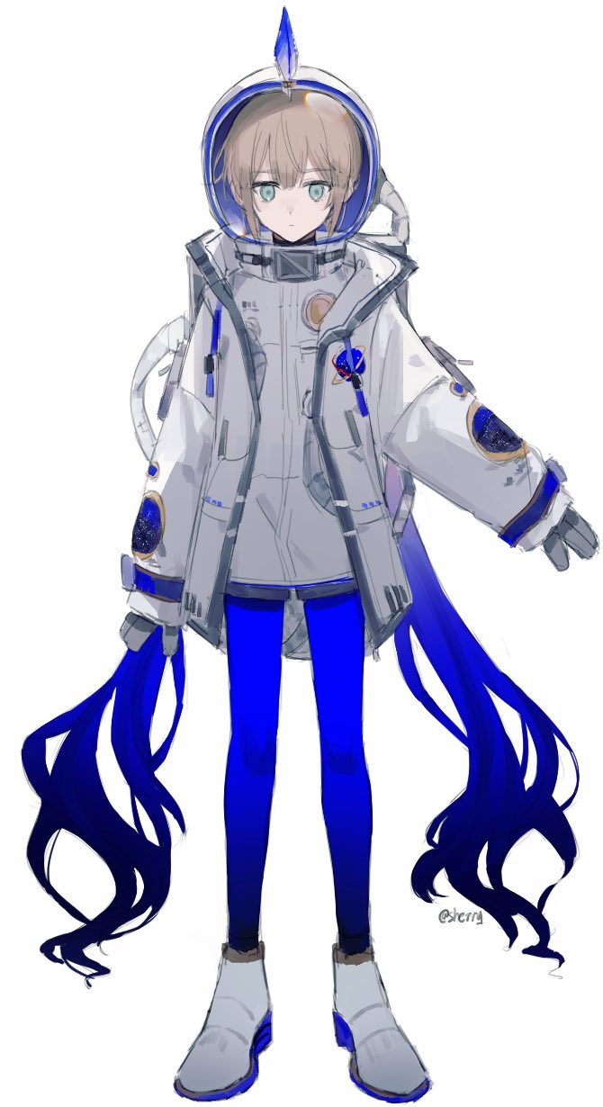 1boy alternate_costume aqua_eyes bangs blue_hair blue_pantyhose captain_nemo_(fate) closed_mouth fate/grand_order fate_(series) feathers full_body gloves gradient_hair grey_gloves highres jacket light_brown_hair long_hair long_sleeves looking_at_viewer low_twintails male_focus multicolored_hair nemo_(fate) otoko_no_ko pantyhose sherry_0014 shoes simple_background solo space_helmet standing twintails twitter_username very_long_hair white_background white_footwear