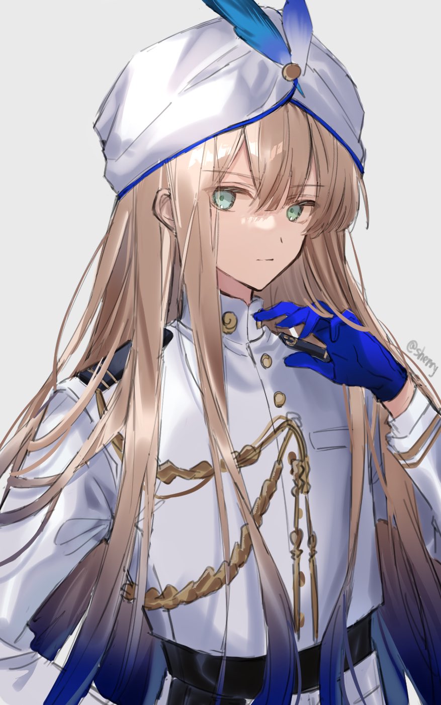 1boy aqua_eyes bangs blue_gloves blue_hair captain_nemo_(fate) closed_mouth coat fate/grand_order fate/grand_order_arcade fate_(series) feathers gloves gradient_hair grey_background hair_between_eyes hat_feather highres light_brown_hair long_hair long_sleeves looking_at_viewer male_focus multicolored_hair nemo_(fate) sherry_0014 simple_background solo turban twitter_username upper_body very_long_hair white_coat white_headwear