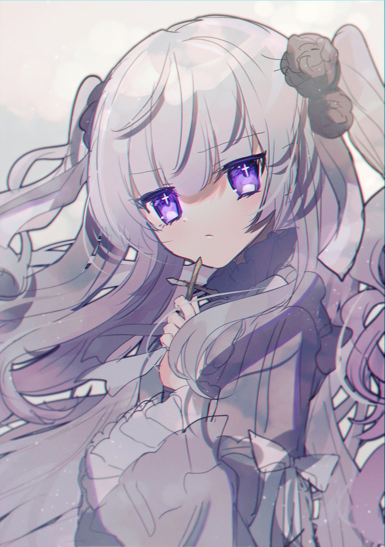 +_+ 1girl bangs bow cross dress dress_bow frilled_sleeves frills frown grey_dress grey_hair highres holding holding_cross long_hair long_sleeves looking_at_viewer mogmogyasai original simple_background solo upper_body violet_eyes white_background white_bow