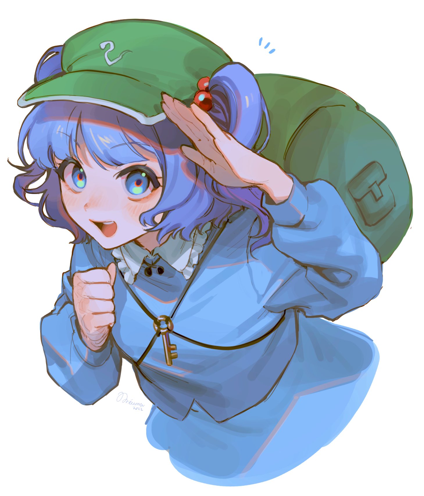 1girl :d backpack bag bangs blue_eyes blue_hair blue_shirt blue_skirt cabbie_hat commentary_request cropped_torso frilled_shirt_collar frills green_bag green_headwear hair_bobbles hair_ornament hat highres kawashiro_nitori key long_sleeves looking_at_viewer medium_hair noriuma notice_lines open_mouth salute shirt simple_background skirt smile solo touhou two_side_up white_background