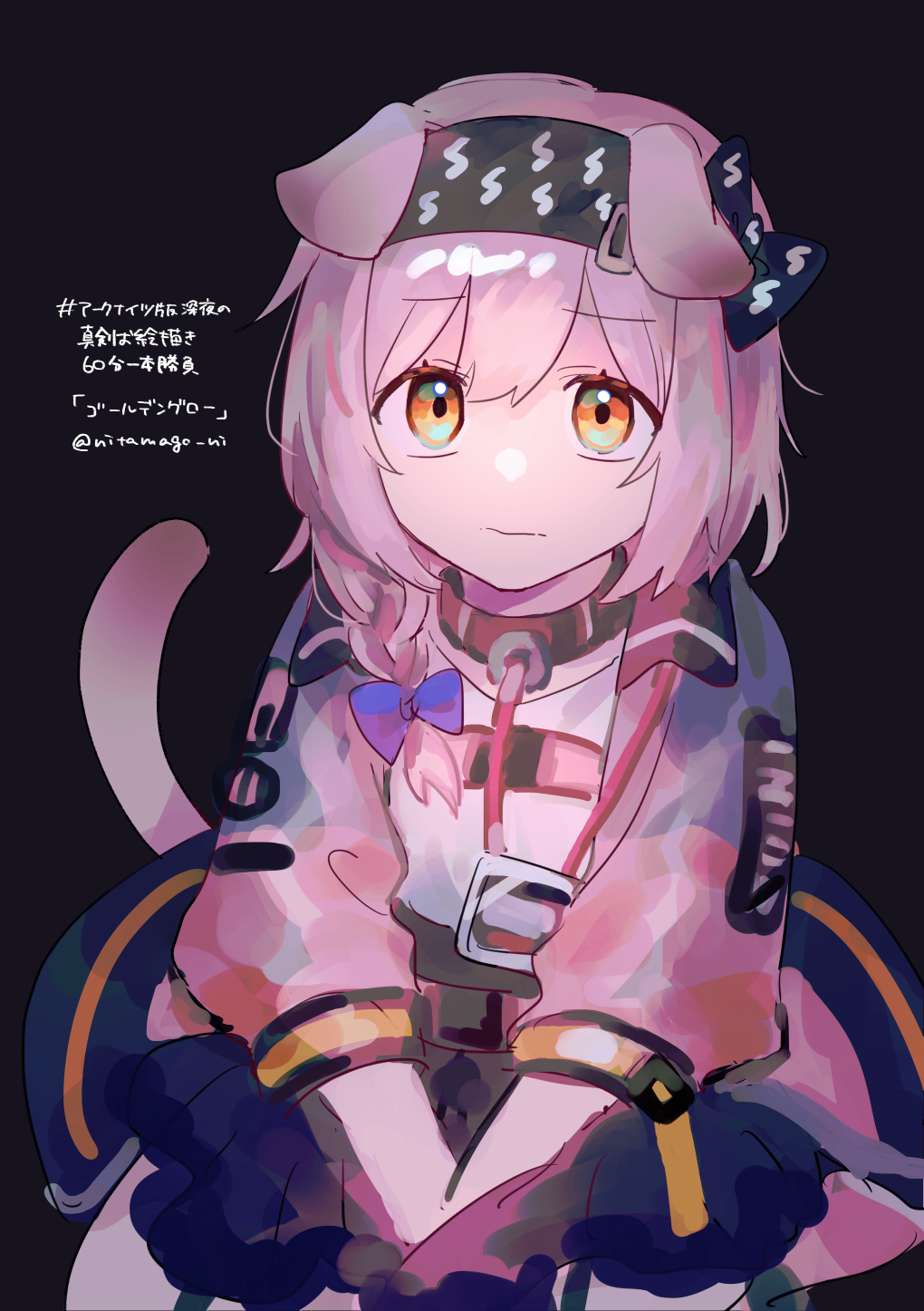 1girl animal_ears arknights bow braid cat_ears cat_girl cat_tail closed_mouth coat collar floppy_ears goldenglow_(arknights) highres id_card jacket kneeling lightning_bolt_print looking_at_viewer multicolored_clothes multicolored_jacket nitamago_ni pink_coat pink_hair pink_jacket pleated_skirt print_hairband scottish_fold side_braid skirt solo tail two-tone_coat two-tone_jacket yellow_eyes