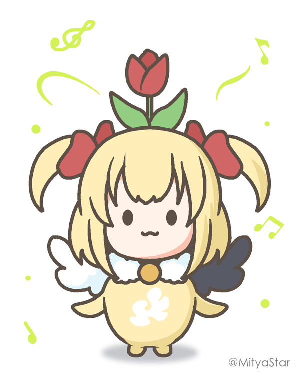 1girl :3 bangs black_wings blonde_hair bow chibi closed_mouth commentary_request eighth_note flower flower_on_head hair_bow looking_at_viewer maaru_(shironeko_project) mismatched_wings mitya musical_note red_bow red_flower shadow shironeko_project simple_background solid_circle_eyes solo treble_clef tulip twitter_username two_side_up white_background white_wings wings