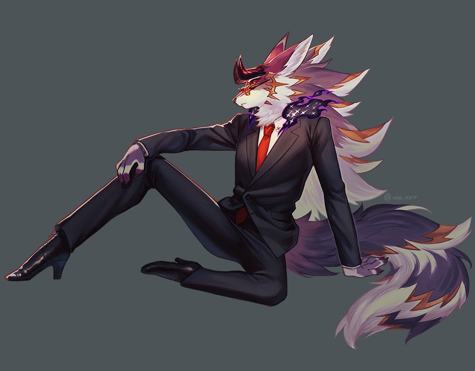 1boy animal_ears animal_nose arm_support bael_(housamo) black_suit boots chest_tuft colored_sclera commentary_request demon_horns formal full_body furry furry_male glasses grey_background high_heel_boots high_heels horns jackal_boy jackal_ears jackal_tail long_hair male_focus necktie open_mouth purple_fur red_necktie simple_background sitting snout solo sora-ya_(uya_kyo) suit tokyo_afterschool_summoners white_fur