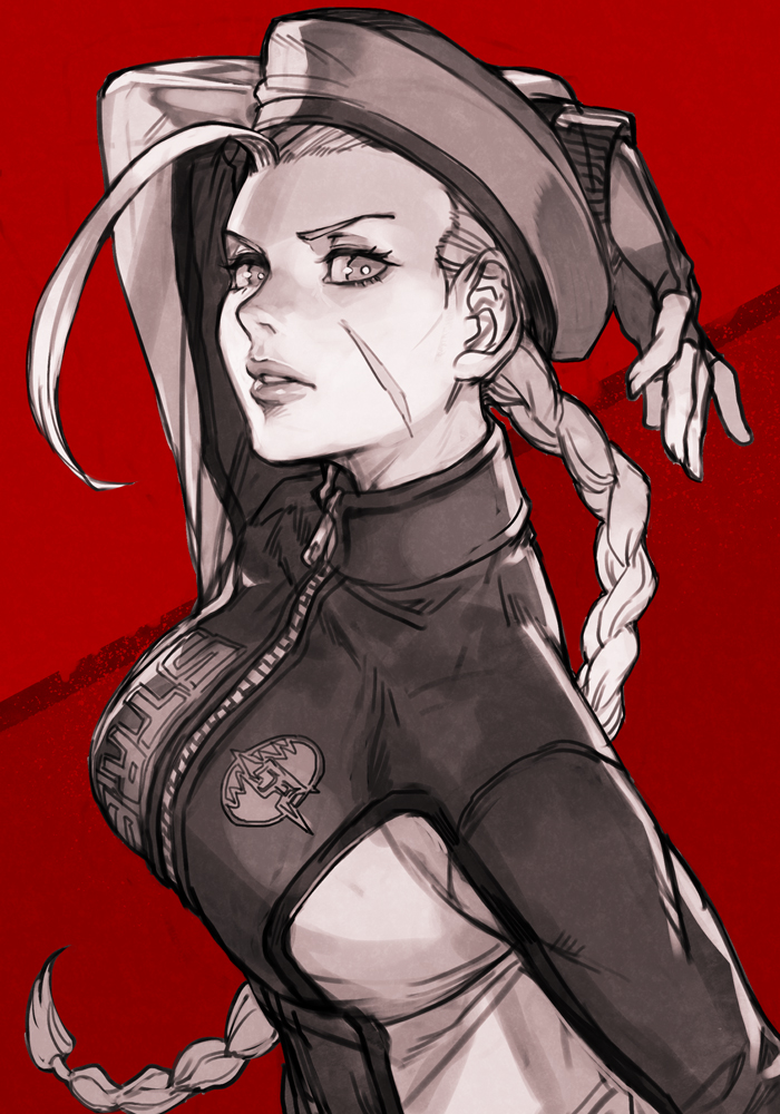 1girl antenna_hair arm_above_head beret braid braided_ponytail breasts cammy_white greyscale hankuri hat limited_palette long_hair looking_at_viewer monochrome red_background scar scar_on_cheek scar_on_face solo street_fighter two-tone_background upper_body