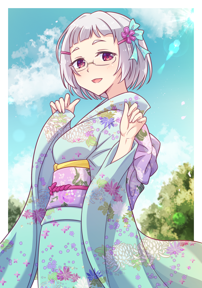 1girl :d blue_kimono blue_sky blush clouds day e20 floral_print glasses grey_hair hands_up highres japanese_clothes kimono long_sleeves looking_at_viewer obi original print_kimono red_eyes sash semi-rimless_eyewear short_hair sky sleeves_past_wrists smile solo sun thick_eyebrows under-rim_eyewear wide_sleeves