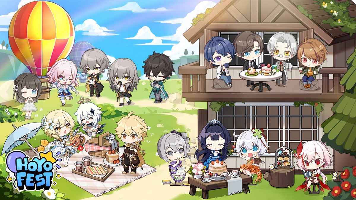 6+boys 6+girls :d aether_(genshin_impact) ahoge aircraft artem_wing_(tears_of_themis) bangs bare_shoulders black_gloves black_jacket black_necktie black_pants black_shirt blonde_hair blue_dress blue_eyes blue_jacket blue_pants blue_sky braid braided_ponytail bronya_zaychik brown_coat brown_gloves brown_pants brown_shorts brown_vest bush cake cake_slice chair chibi china_dress chinese_clothes closed_eyes closed_mouth clothes_around_waist clouds cloudy_sky coat collared_shirt company_connection crossed_arms crossed_legs crossover crown cup cupcake danheng_(honkai:_star_rail) day denim dress drill_hair earrings flag flower food food_on_face fork formal fruit fu_hua fu_hua_(phoenix) genshin_impact glasses gloves grass green_coat green_jacket grey_dress grey_eyes grey_hair grey_pants hair_flower hair_ornament halo holding holding_cup holding_flag holding_fork honkai:_star_rail honkai_(series) honkai_impact_3rd hot_air_balloon house ice ice_cube jacket jacket_around_waist jewelry kiana_kaslana long_hair long_sleeves looking_at_viewer luke_pearce_(tears_of_themis) lumine_(genshin_impact) march_7th_(honkai:_star_rail) marius_von_hagen_(tears_of_themis) mihoyo multiple_boys multiple_girls necktie official_art one_eye_closed open_mouth orange_dress outdoors paimon_(genshin_impact) pants picnic picnic_basket pink_eyes pink_hair purple_dress purple_hair raiden_mei rainbow red_eyes red_necktie sandwich scarf shirt short_hair short_sleeves shorts sitting sky smile standing strapless strapless_dress strawberry table tea tears_of_themis trailblazer_(honkai:_star_rail) trailblazer_(honkai:_star_rail)_(female) trailblazer_(honkai:_star_rail)_(male) tree vest violet_eyes vyn_richter_(tears_of_themis) white_coat white_dress white_flower white_hair white_jacket white_shirt window yellow_eyes yellow_shirt