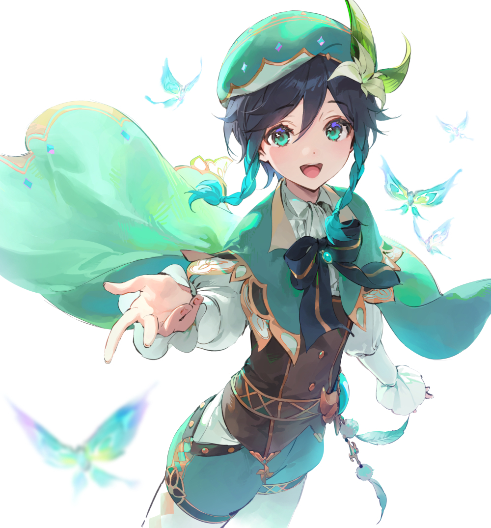 1boy androgynous aqua_hair argyle argyle_legwear beret black_bow black_hair bow braid bug butterfly cape collared_shirt cowboy_shot dsmile flower frilled_sleeves frills genshin_impact gradient_hair green_cape green_eyes green_headwear green_shorts hair_between_eyes hair_flower hair_ornament hat long_sleeves looking_at_viewer male_focus multicolored_hair open_mouth outstretched_hand pantyhose shirt short_hair_with_long_locks shorts smile solo striped striped_bow teeth twin_braids two-sided_cape two-sided_fabric upper_teeth venti_(genshin_impact) waistcoat white_background white_shirt