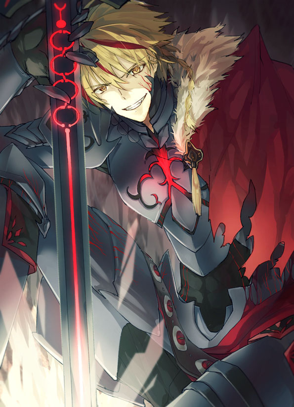 1boy alter_servant alternate_costume armor bangs black_armor blonde_hair braid breastplate cape cloak commentary_request corruption dark_persona evil_smile excalibur_morgan_(fate) fate/strange_fake fate_(series) feet_out_of_frame fur_cloak fur_trim glowing glowing_sword glowing_weapon long_hair long_sleeves looking_at_viewer male_focus multicolored_hair pants pauldrons red_cape redhead richard_i_(fate) shoulder_armor single_braid sitting smile solo streaked_hair sword tassel teeth teruyumi torn torn_clothes two-tone_hair vambraces weapon yellow_eyes