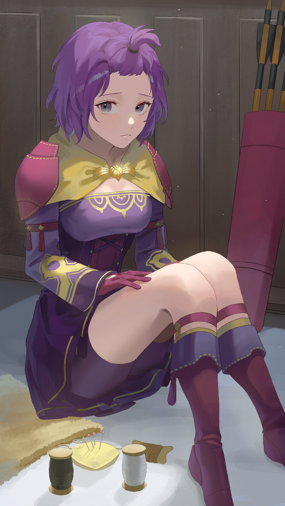 1girl alternate_costume alternate_hairstyle armor arrow_(projectile) bernadetta_von_varley boots breasts closed_mouth commentary dress e5nf8v fire_emblem fire_emblem:_three_houses fire_emblem_warriors:_three_hopes gloves grey_eyes highres indoors long_sleeves looking_at_viewer medium_breasts official_alternate_costume official_alternate_hairstyle on_floor purple_dress purple_footwear purple_gloves purple_hair purple_shorts quiver short_hair shorts shoulder_armor sitting solo topknot