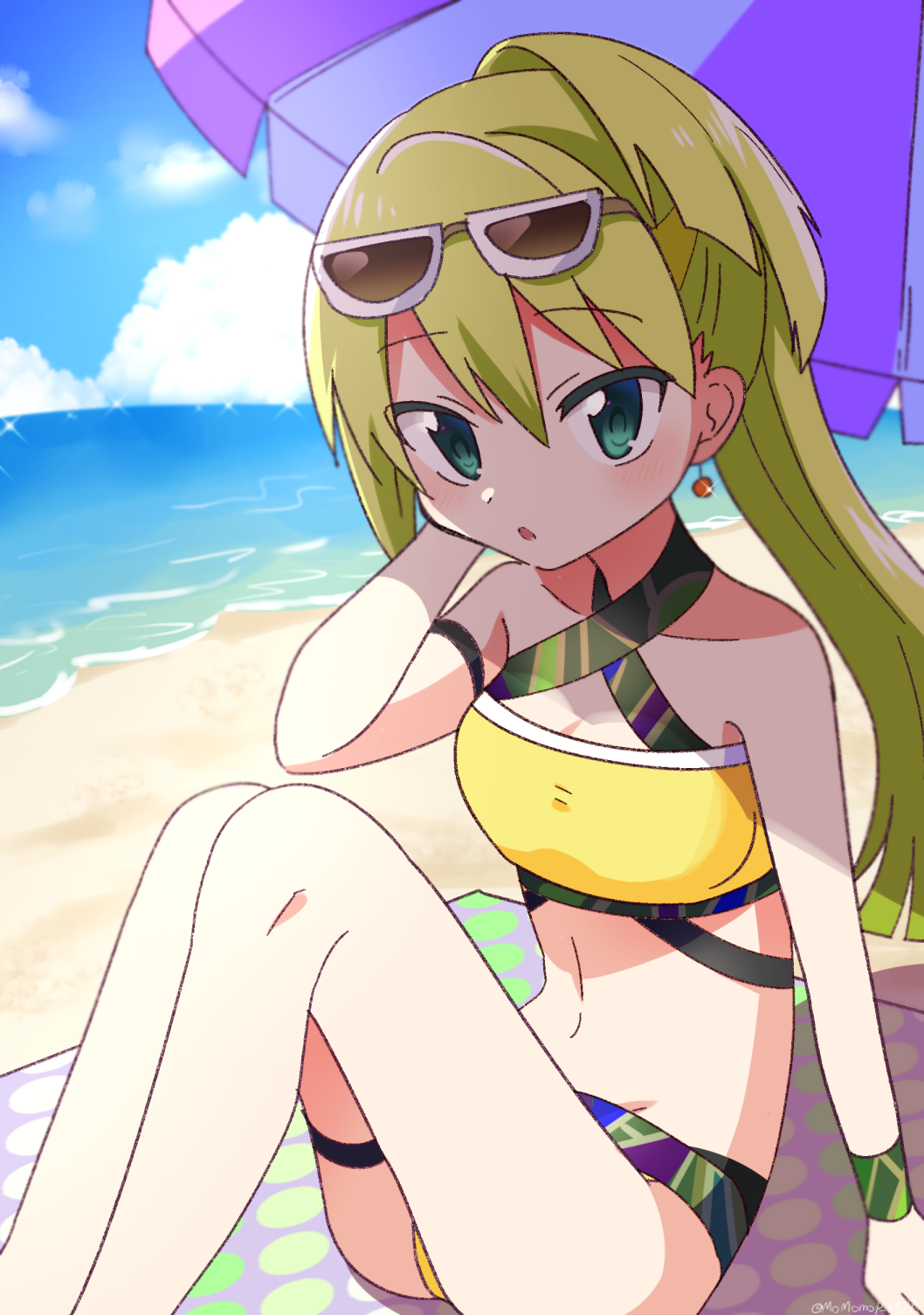 alina_gray alina_gray_(swimsuit_costume) aqua_eyes bangs bare_shoulders beach bikini earrings eyewear_on_head green_hair hair_between_eyes highres jewelry long_hair looking_at_viewer magia_record:_mahou_shoujo_madoka_magica_gaiden mahou_shoujo_madoka_magica momo_tomato multicolored_hair official_alternate_costume open_mouth ponytail streaked_hair sunglasses swimsuit very_long_hair yellow_bikini