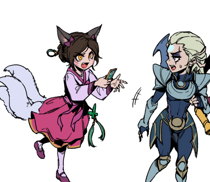 2girls :d ahri_(league_of_legends) alternate_costume animal_ears armor bangs black_bodysuit black_gloves blonde_hair bodysuit brown_hair card commentary_request covered_navel diana_(league_of_legends) fang feet_out_of_frame fingerless_gloves fox_ears fox_girl fox_tail gloves grey_background holding holding_card league_of_legends long_hair long_sleeves multiple_girls orange_eyes phantom_ix_row pink_shirt pink_skirt purple_footwear shirt short_hair shoulder_armor simple_background skirt smile tail teeth whiskers