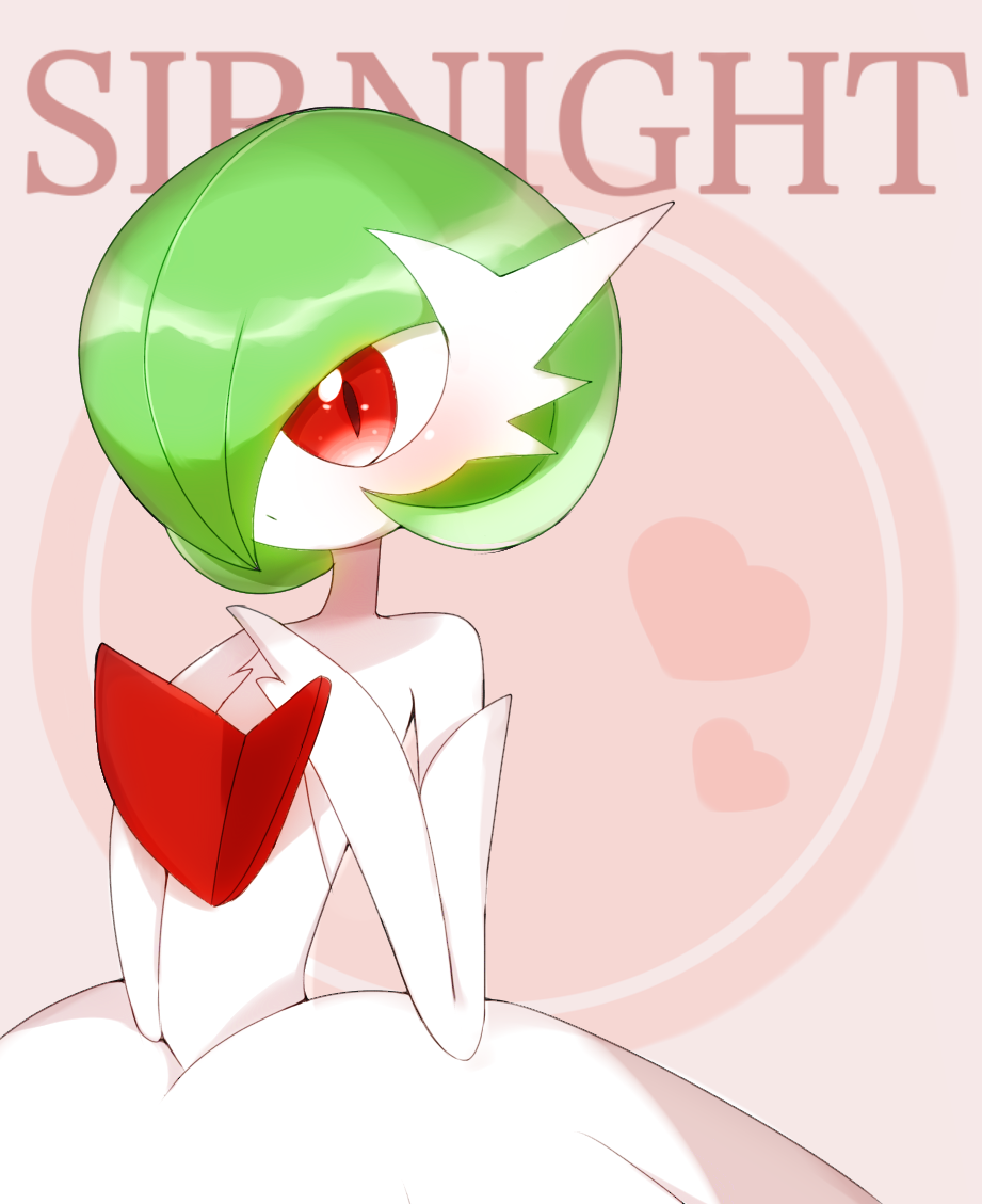 1girl bangs bare_shoulders blush bob_cut character_name closed_mouth colored_skin commentary_request dress elbow_gloves flat_chest gardevoir gloves green_hair hair_over_one_eye hands_up heart mega_gardevoir mega_pokemon nekopanda one_eye_covered own_hands_together pink_background pokemon pokemon_(creature) red_eyes romaji_text shiny shiny_hair short_hair solo standing strapless strapless_dress translated upper_body white_dress white_gloves white_skin