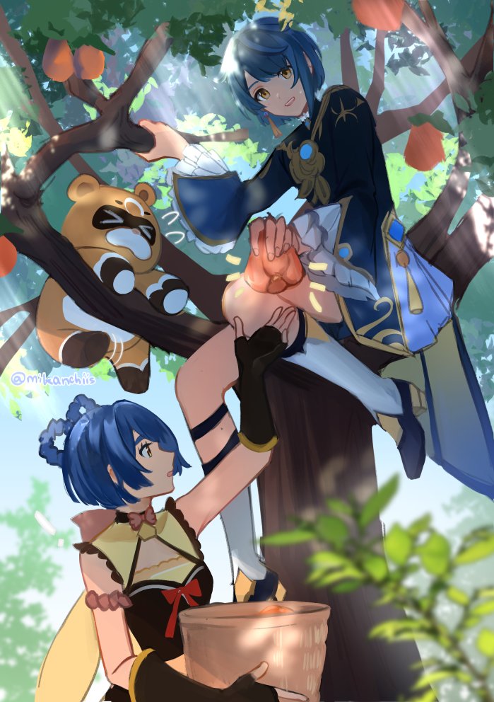 &gt;_&lt; 1boy 1girl asymmetrical_bangs bangs basket black_gloves blue_hair blush branch chinese_clothes dark_blue_hair dress earrings english_commentary fingerless_gloves flying_sweatdrops frilled_sleeves frills genshin_impact gloves guoba_(genshin_impact) hair_rings holding holding_basket in_tree jewelry long_sleeves looking_at_another mikanchii open_mouth single_earring sitting sitting_in_tree sleeveless sleeveless_dress sunsettia_(genshin_impact) tassel tassel_earrings tree twitter_username vision_(genshin_impact) wide_sleeves xiangling_(genshin_impact) xingqiu_(genshin_impact) yellow_eyes
