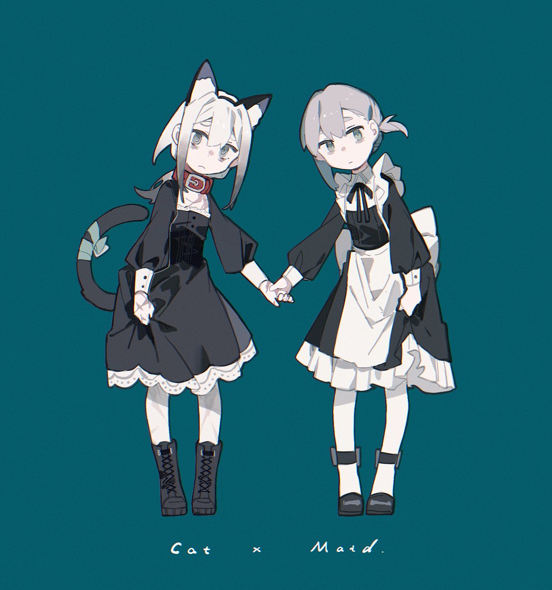 @_@ animal_ear_fluff animal_ears back_bow black_dress black_footwear black_ribbon blue_background blue_eyes boots bow cat_ears cat_tail closed_mouth collar dress english_text film_grain gradient gradient_hair green_bow green_eyes grey_hair hair_between_eyes holding_hands large_bow long_hair maid multicolored_hair original pantyhose pony puffy_sleeves red_collar ribbon scar scar_on_chest scar_on_hand scar_on_leg short_hair side_ponytail simple_background standing tail tail_bow tail_ornament white_bow white_hair white_pantyhose yuhong