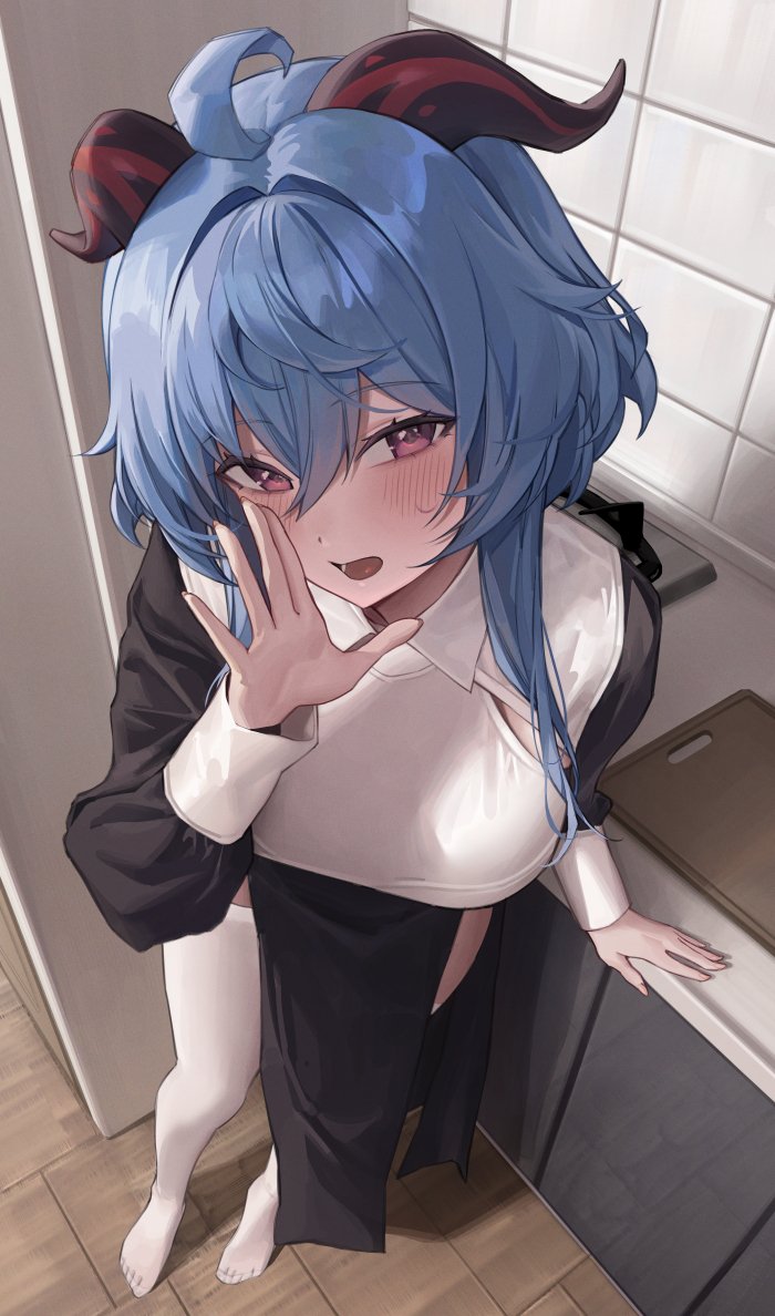 1girl ahoge alternate_costume bangs banned_artist blue_hair blush breasts from_above full_body ganyu_(genshin_impact) genshin_impact goat_horns hand_up hinaki_(hinaki_0102) horns indoors large_breasts long_hair long_sleeves looking_at_viewer open_hand open_mouth shirt solo standing thigh-highs tile_wall tiles violet_eyes white_thighhighs