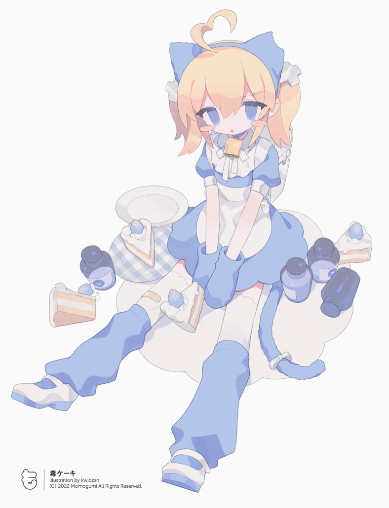1girl ahoge animal_ears apron backpack bag bandaid bandaid_on_clothes bandaid_on_leg bangs bell between_legs blue_dress blue_eyes blue_hairband blue_mittens blue_socks blush_stickers bottle cake cake_slice cat_ears cat_tail daizu_(melon-lemon) dress extra_ears fake_animal_ears food full_body hair_between_eyes hair_ornament hairband hand_between_legs heart heart_ahoge kneehighs looking_at_viewer loose_socks mittens neck_bell neck_ribbon no_nose orange_hair original parted_lips plate puffy_short_sleeves puffy_sleeves randoseru ribbon shoes short_sleeves sidelocks simple_background sitting socks socks_over_thighhighs solo tail tail_ornament tail_ribbon thigh-highs translated twintails v_arms white_apron white_background white_bag white_footwear white_ribbon white_thighhighs x_hair_ornament
