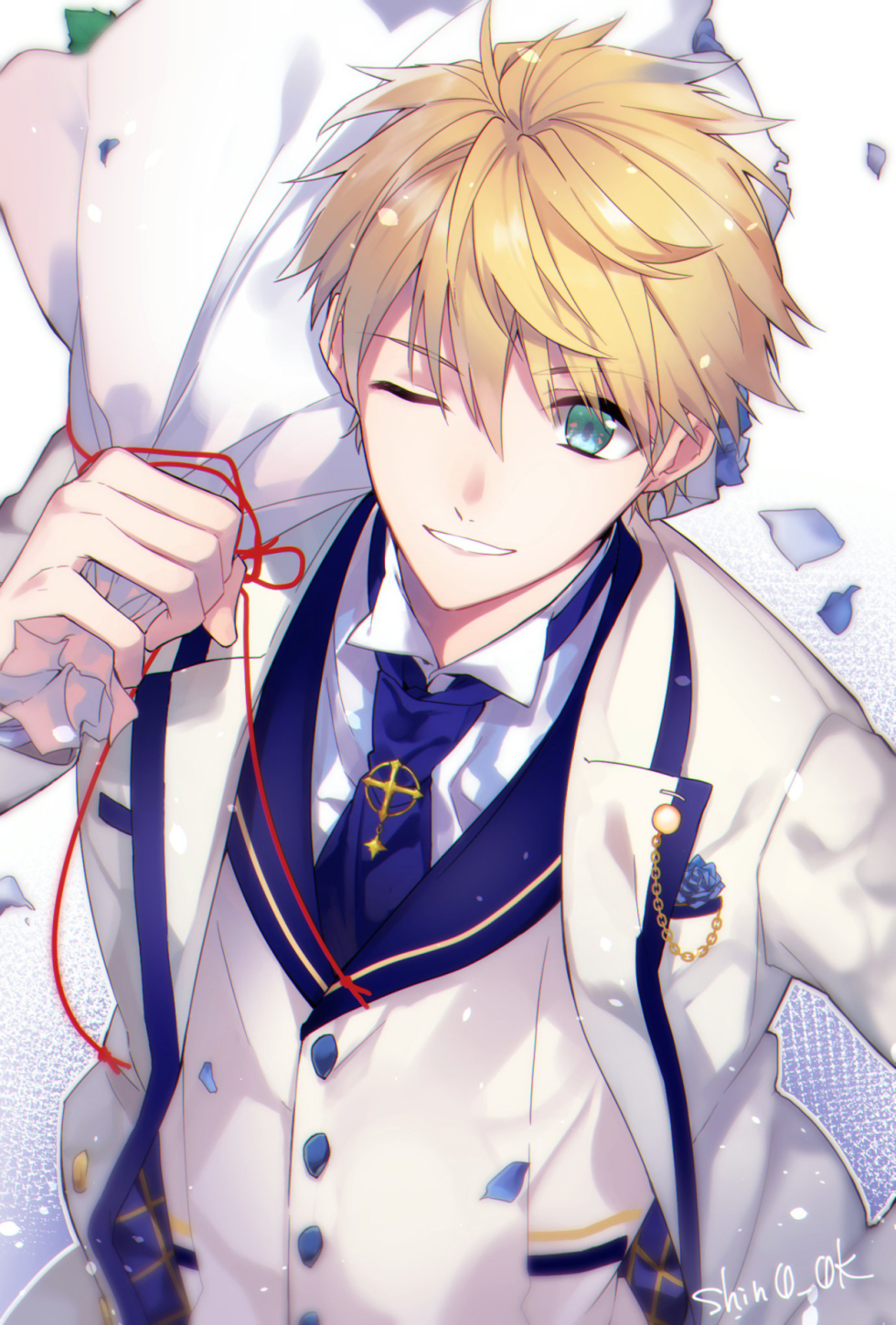 1boy ;d ahoge arthur_pendragon_(fate) arthur_pendragon_(white_rose)_(fate) bangs blonde_hair blue_flower blue_necktie bouquet collared_shirt commentary_request fate/grand_order fate/prototype fate/prototype:_fragments_of_blue_and_silver fate_(series) flower formal green_eyes hair_between_eyes highres holding holding_bouquet jacket long_sleeves looking_at_viewer male_focus necktie official_alternate_costume one_eye_closed petals sasasaki shirt short_hair smile solo striped striped_shirt suit teeth tie_clip upper_body vertical-striped_shirt vertical_stripes waistcoat white_jacket white_suit