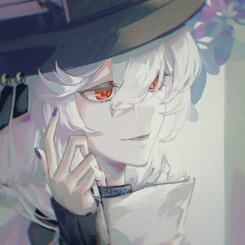 1girl arknights bangs black_headwear blue_nails commentary fingernails grey_hair hair_between_eyes hand_up hat huangjin_shizi index_finger_raised nail_polish official_alternate_costume parted_lips portrait red_eyes solo specter_(arknights) specter_(undercurrent)_(arknights)