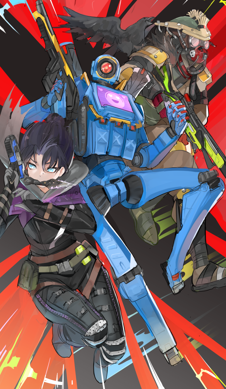 1boy 1girl 1other 30-30_repeater ambiguous_gender animal_on_shoulder apex_legends b3_wingman bird black_bodysuit bloodhound_(apex_legends) bodysuit brown_jacket brown_pants clenched_hand crow goggles gun handgun helmet highres holding holding_gun holding_weapon humanoid_robot jacket kik1 knee_pads kunai one-eyed pants pathfinder_(apex_legends) rebreather revolver rifle science_fiction sketch submachine_gun volt_smg weapon weapon_in_mouth wraith's_kunai wraith_(apex_legends)