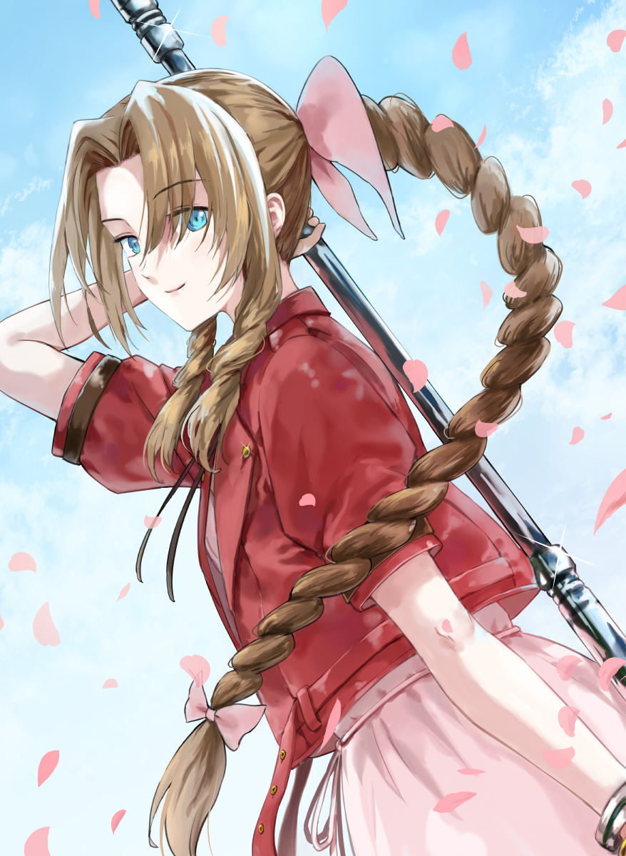 1girl aerith_gainsborough aqua_eyes bangle bangs blue_sky bracelet braid braided_ponytail brown_hair cowboy_shot cropped_jacket dress dutch_angle final_fantasy final_fantasy_vii final_fantasy_vii_remake hair_ribbon highres holding holding_staff jacket jewelry long_hair looking_at_viewer necklace outdoors pageratta parted_bangs pink_dress pink_ribbon puffy_short_sleeves puffy_sleeves red_jacket ribbon short_sleeves sidelocks sky smile solo staff weapon weapon_on_back