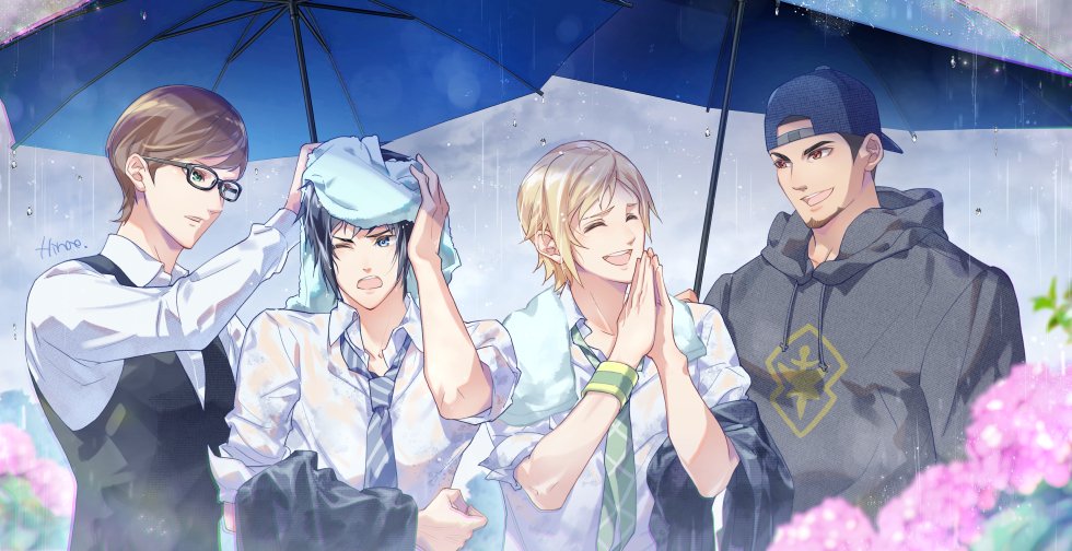 4boys artist_name backwards_hat bangs baseball_cap black_hair blonde_hair blue_eyes blue_headwear blue_necktie blurry blurry_foreground brown_eyes brown_hair closed_eyes collared_shirt drying drying_hair facial_hair final_fantasy final_fantasy_xv flower gladiolus_amicitia glasses green_eyes green_necktie grey_hoodie hat hinoe_(dd_works) holding holding_clothes holding_jacket holding_umbrella hood hood_down hoodie ignis_scientia jacket long_sleeves male_focus multiple_boys necktie noctis_lucis_caelum one_eye_closed open_mouth own_hands_together pink_flower prompto_argentum rain school_uniform shirt short_hair sleeves_rolled_up smile soul_patch towel towel_on_head umbrella upper_body waistcoat white_shirt wristband