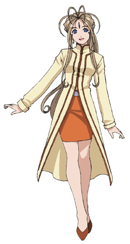 aa_megami-sama antenna_hair belldandy blue_eyes breasts brown_footwear brown_skirt coat eyebrows facial_mark flowing_hair forehead_mark full_body goddess happy jacket miniskirt official_art reference_work smiling_at_viewer standing striped woman