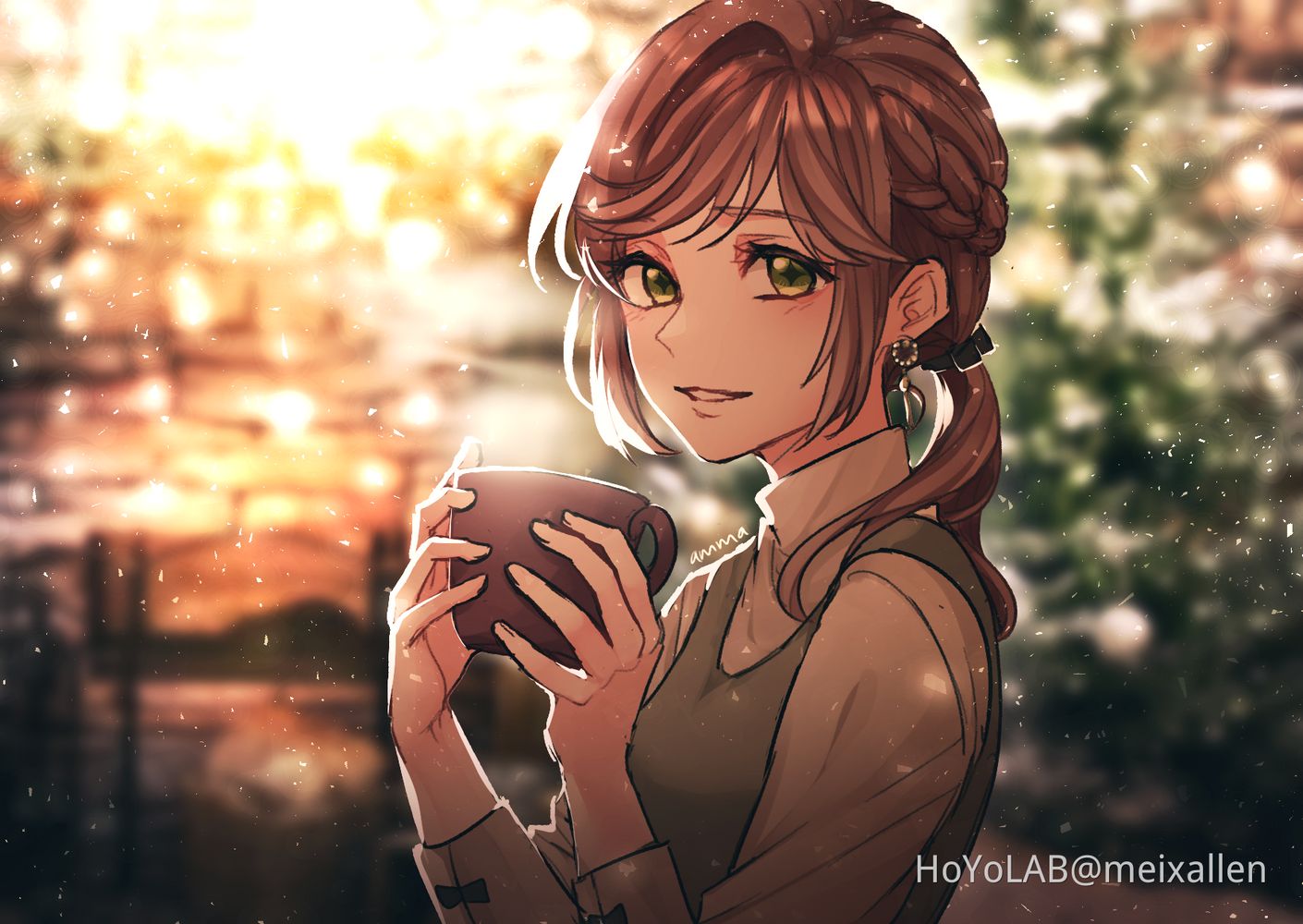 1girl :d bangs brown_hair cup dress earrings green_dress green_eyes grin holding holding_cup jewelry long_hair long_sleeves looking_at_viewer meixallen mug ponytail rosa_(tears_of_themis) smile solo tears_of_themis teeth