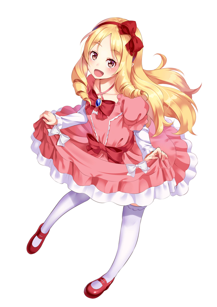 1girl :d blonde_hair blush bow bow_hairband brown_eyes dress drill_hair eromanga_sensei floating_hair full_body hair_bow hairband huyumitsu layered_sleeves long_hair long_sleeves mary_janes open_mouth pink_dress red_bow red_footwear red_hairband shiny shiny_hair shoes short_over_long_sleeves short_sleeves simple_background skirt_hold smile solo standing thigh-highs twin_drills very_long_hair white_background white_bow white_thighhighs yamada_elf zettai_ryouiki