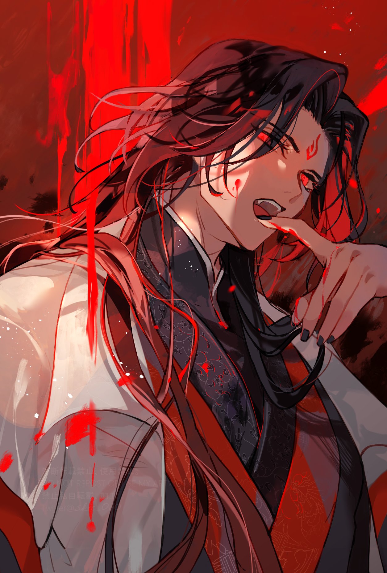 1boy bangs bishounen black_nails blood blood_on_face chinese_clothes facial_mark forehead_mark hanfu highres looking_at_viewer luo_binghe male_focus parted_bangs red_eyes ren_zhafan_paijizu_xitong sakuramochi1003 solo