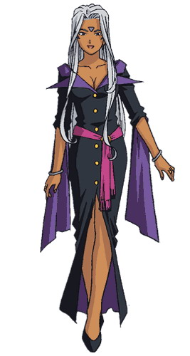 1girl aa_megami-sama ah_my_goddess bangles bangs black_dress bracelet breasts buttoned_up buttons cleavage collarbone collared_dress dark-skinned_female dress_buttons eyebrows facial_mark flowing_dress flowing_hair footwear forehead_mark goddess legs legs_crossed looking_at_viewer official_art purple_collar purple_sleeves sash shoes solo urd urd_(aa_megami-sama) violet_eyes walking white_background white_hair wide_sleeves woman