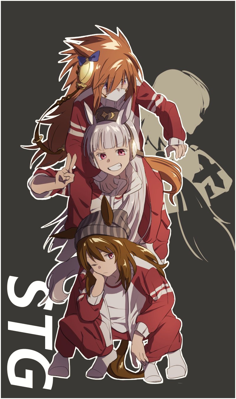 3girls argoru564 bangs beanie black_background blue_bow bow brown_hair brown_headwear closed_mouth commentary_request ear_bow ear_covers ears_through_headwear gold_ship_(umamusume) grey_hair grin gym_shirt hair_between_eyes hat highres horse_girl jacket korean_commentary long_hair long_sleeves mini_hat multiple_girls nakayama_festa_(umamusume) no_shoes one_eye_closed open_clothes open_jacket orfevre_(umamusume) pants red_eyes red_jacket red_pants shirt smile socks squatting tracen_training_uniform track_jacket track_pants track_suit umamusume v-shaped_eyebrows very_long_hair violet_eyes white_shirt white_socks