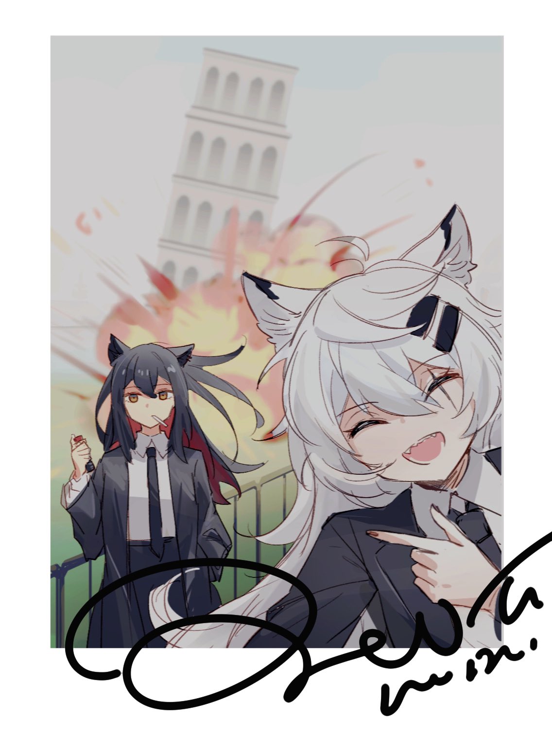 2girls ahoge animal_ears arknights background_text bangs black_coat black_hair black_necktie black_pants black_suit border building business_suit closed_eyes closed_mouth clouds cloudy_sky coat commentary_request controller cowboy_shot crossed_bangs detonator explosion fangs fence field food food_in_mouth formal group_picture hair_ornament hairclip half-closed_eyes hand_in_pocket highres holding holding_remote_control kaleka lappland_(arknights) long_sleeves looking_at_viewer loose_necktie messy_hair multiple_girls necktie open_mouth pants picture_frame pleated_shirt pocky pocky_in_mouth pointing pose remote_control scar scar_across_eye sharp_teeth shirt sidelocks signature sky smile standing suit teeth texas_(arknights) tower upper_teeth white_border white_hair white_shirt wolf_ears wolf_girl yellow_eyes