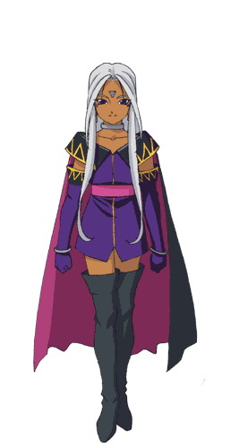 aa_megami-sama black_cape black_collar cape choker collarbone collared_dress detached_sleeves dress facial_mark facial_markings flowing_hair forehead_mark goddess knee_boots looking_at_viewer patterned_clothing purple_cape purple_dress short_dress solo teenage urd violet_eyes white_hair younger