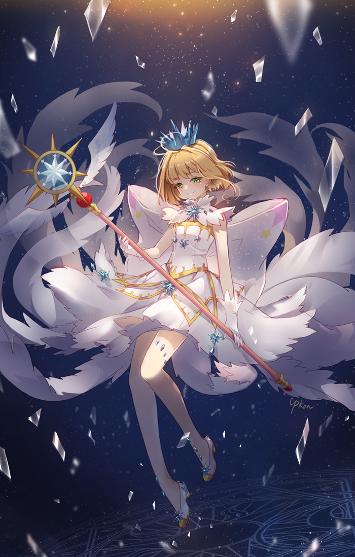 1girl back_bow bare_legs blonde_hair bow cardcaptor_sakura cat_princess closed_mouth crown full_body gloves green_eyes high_heels holding holding_staff kinomoto_sakura looking_down magic_circle medium_skirt pumps short_hair skirt smile solo staff white_footwear white_gloves white_skirt