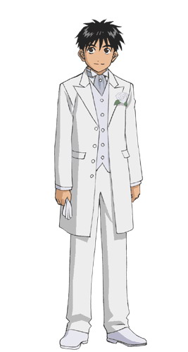1boy aa_megami-sama black_eyes buttons dark_hair double-breasted_suit handkerchief looking_at_viewer male morisato_keiichi neckerchief official_art short_hair standing suit western_clothes white_background white_legwear white_rose white_shirt white_shoes white_suit