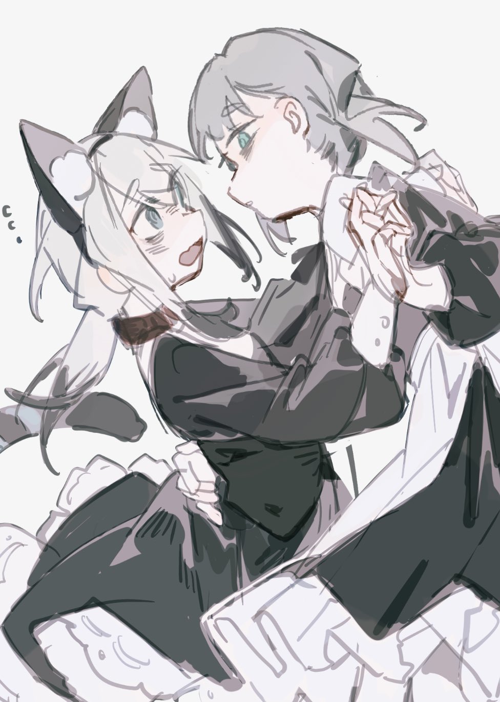 2girls animal_ear_fluff animal_ears aqua_eyes black_hair black_ribbon blush brown_collar cat_ears cat_girl cat_tail collar dancing eyelashes fang flying_sweatdrops grey_background grey_hair hair_between_eyes half-closed_eyes hand_on_another's_waist highres holding_hands long_hair looking_at_another maid multicolored_hair multiple_girls open_mouth original parted_lips ponytail ribbon short_hair simple_background sketch skin_fang sweat sweatdrop tail tongue white_hair yuhong