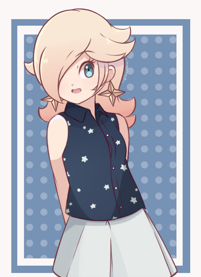 1girl alternate_costume blonde_hair blue_shirt border chocomiru cowboy_shot crown crown_removed earrings hair_over_one_eye happy jewelry looking_at_viewer non-web_source polka_dot polka_dot_background rosalina shirt skirt sleeveless smile solo source_request super_mario_bros. upper_body