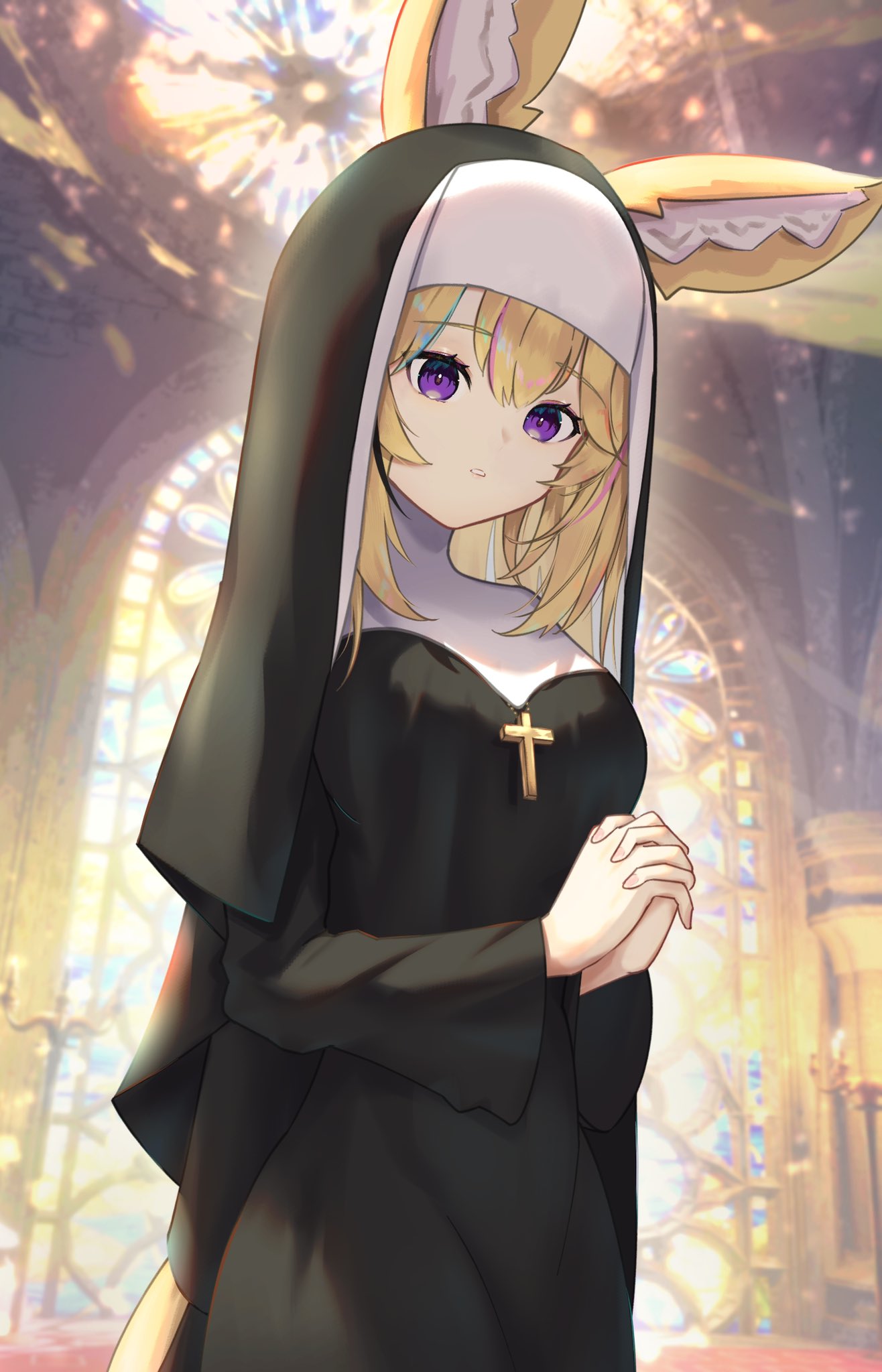 1girl alternate_costume animal_ears ao_ne bangs black_dress blonde_hair blue_hair breasts church cross cross_necklace dress fox_ears fox_girl habit highres hololive indoors jewelry long_sleeves looking_at_viewer medium_breasts multicolored_hair necklace nun omaru_polka own_hands_clasped own_hands_together parted_lips pink_hair solo stained_glass streaked_hair upper_body violet_eyes virtual_youtuber