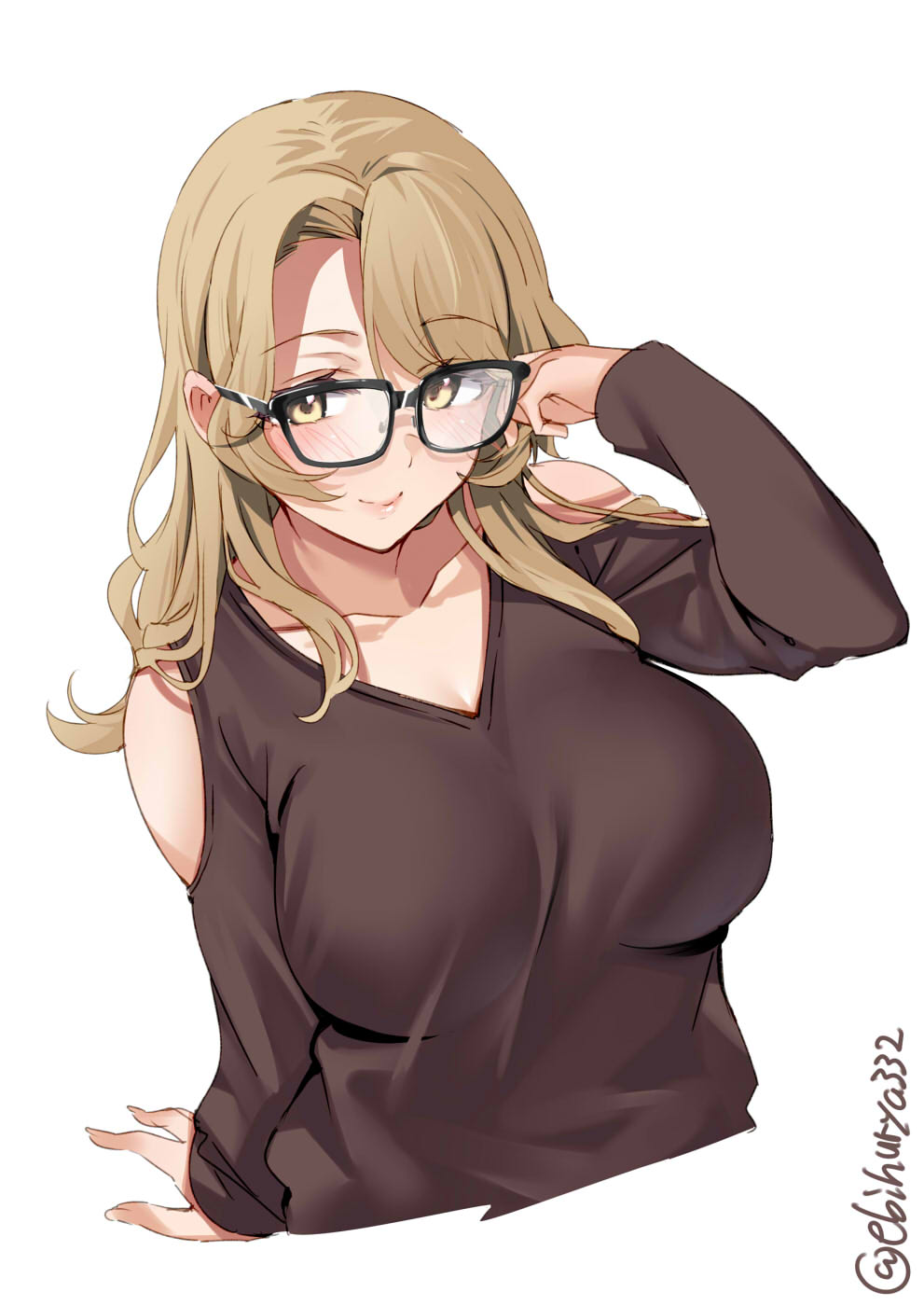 1girl alternate_costume bangs bespectacled black-framed_eyewear blonde_hair blush breasts brown_shirt closed_mouth clothing_cutout collarbone cropped_torso ebifurya glasses hair_between_eyes highres houston_(kancolle) kantai_collection large_breasts lips long_sleeves looking_at_viewer shirt simple_background solo twitter_username white_background yellow_eyes