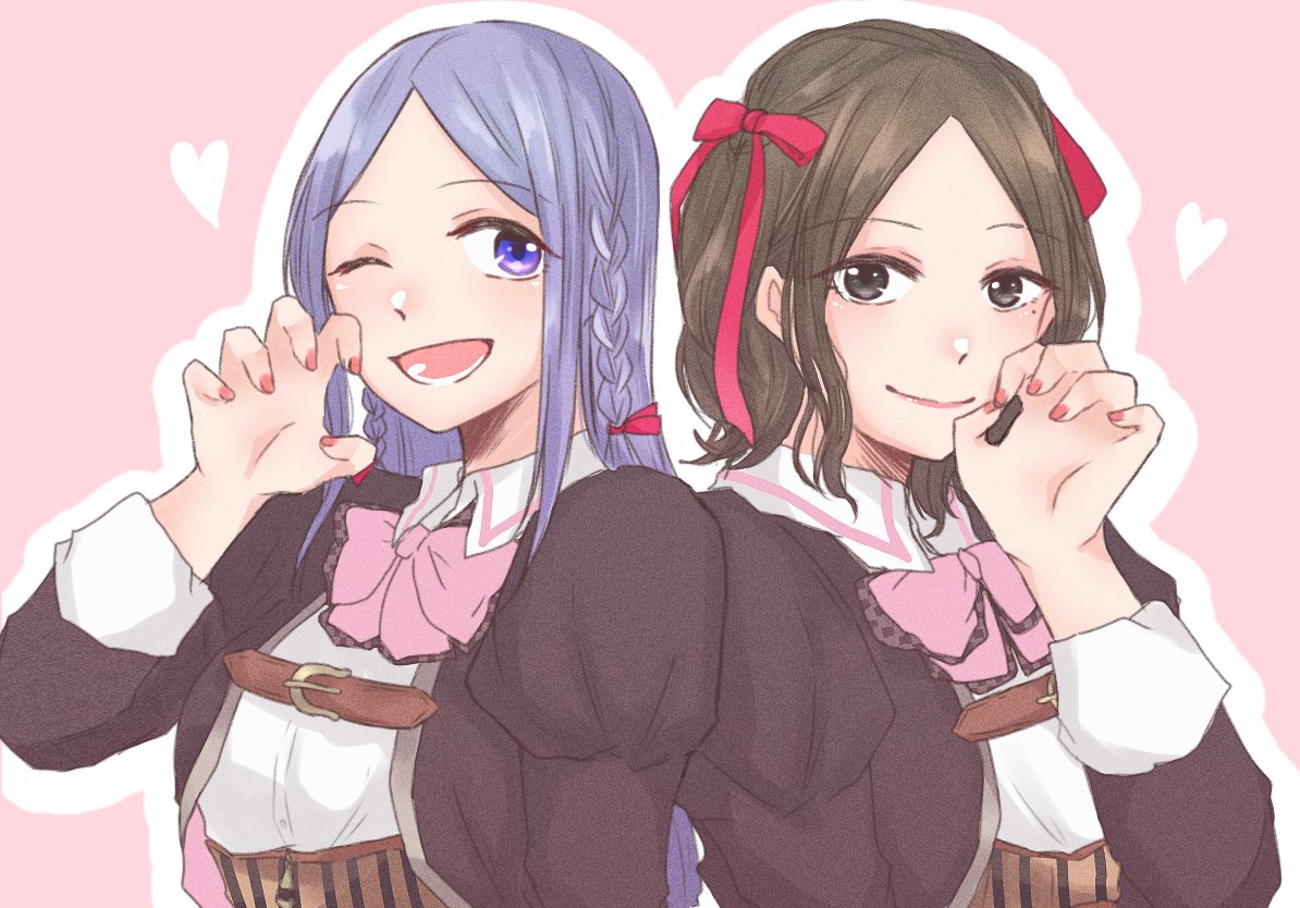 2girls ;d arm_at_side assault_lily bangs belt_buckle bow bowtie braid brown_hair brown_jacket buckle buttons claw_pose closed_mouth collared_shirt commentary_request corset fingernails grey_eyes grey_hair hair_ribbon hand_up heart ishii_haruna jacket juliet_sleeves long_hair long_sleeves looking_at_viewer lower_teeth ludvico_private_girls'_academy_school_uniform mole mole_under_eye multiple_girls nigari_(ngari_0115) one_eye_closed open_clothes open_jacket open_mouth parted_bangs pink_background pink_bow pink_bowtie puffy_sleeves real_life red_ribbon ribbon school_uniform shirt short_hair side-by-side side_braids sidelocks smile tachibana_theresia_nagisa teeth twin_braids underbust upper_body violet_eyes voice_actor voice_actor_connection white_shirt