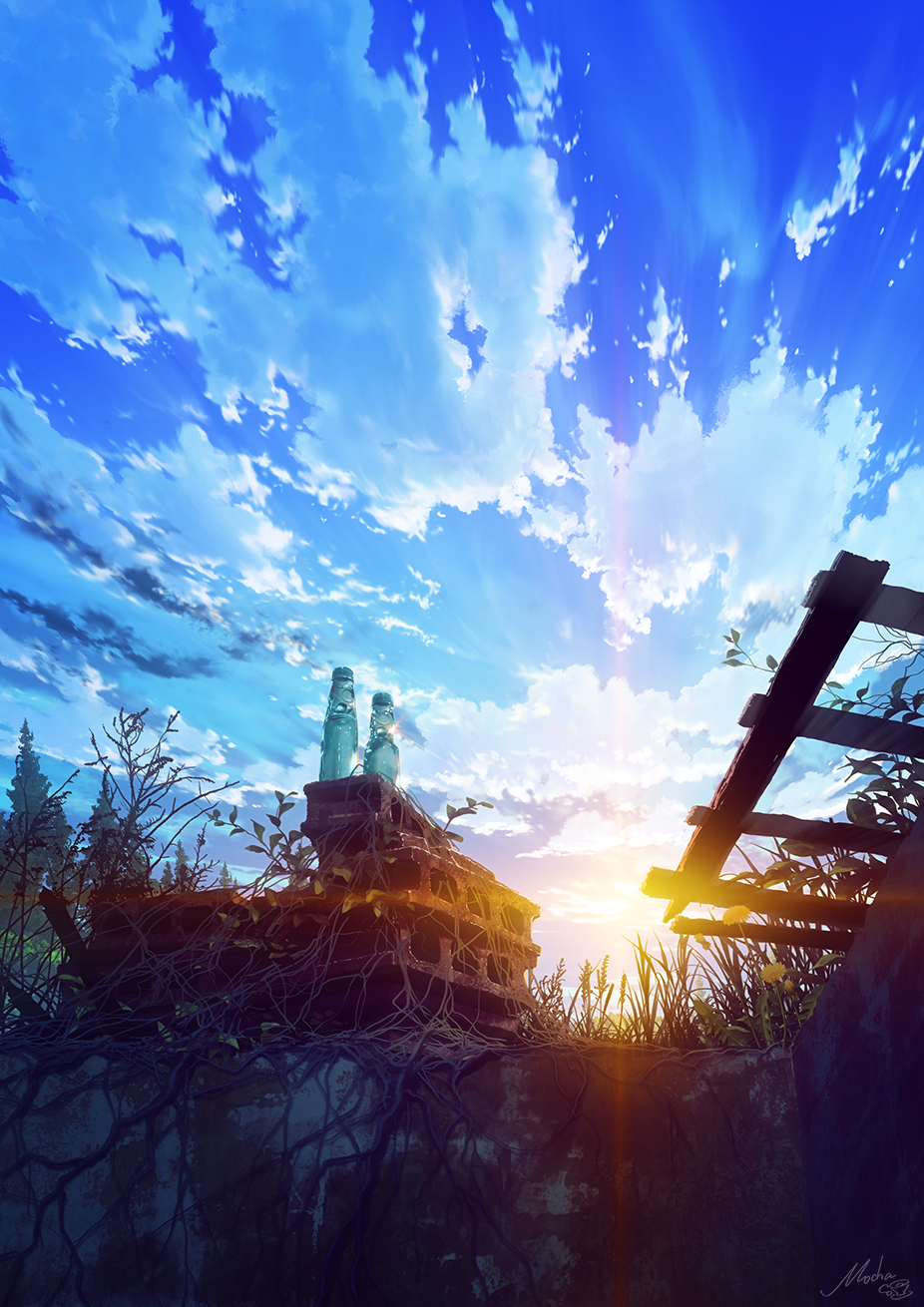 blue_sky bottle cinder_block clouds cloudy_sky commentary_request highres mocha_(cotton) no_humans original outdoors plant ramune ruins scenery signature sky sunlight sunrise tree