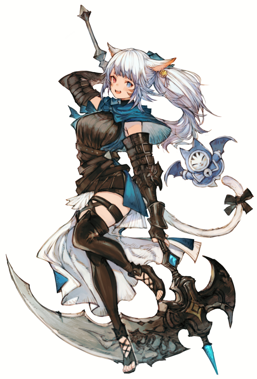 1girl :d animal_ears arm_behind_head avatar_(ff14) bangs belt black_footwear black_jacket blue_eyes blue_hair blunt_bangs boots bow cat_ears cat_girl cat_tail commission earrings facial_mark final_fantasy final_fantasy_xiv from_side full_body gaelicat gauntlets hair_ribbon heterochromia highres holding holding_scythe holding_weapon jacket jewelry kemomin_nosuke leg_up legwear_garter long_hair looking_at_viewer miqo'te open_mouth ponytail reaper_(final_fantasy) red_eyes ribbon scythe simple_background single_earring skeb_commission sleeveless sleeveless_jacket smile solo standing standing_on_one_leg tail tail_bow tail_ornament thigh_boots toeless_footwear turtleneck weapon white_background