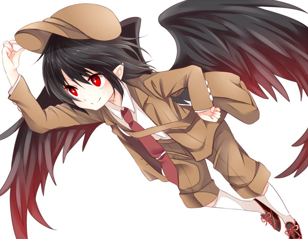 1girl alternate_costume bag bird_wings black_footwear black_hair black_wings brown_footwear brown_headwear brown_jacket brown_shorts cabbie_hat chikuwa_savy closed_mouth collared_shirt commentary_request dutch_angle feathered_wings flat_cap forbidden_scrollery hand_on_headwear hand_on_hip happy hat jacket kneehighs long_sleeves messenger_bag necktie official_alternate_costume pointy_ears red_eyes red_necktie revision shameimaru_aya shameimaru_aya_(newsboy) shirt shoes short_hair shorts shoulder_bag simple_background smile socks solo suit_jacket tie_clip touhou white_background white_socks wings